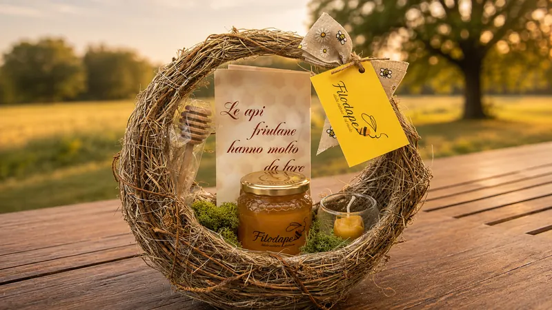 Cesta regalo Filodape in fibra naturale con vasetto di miele, candelina in cera d'api e spargimiele in legno