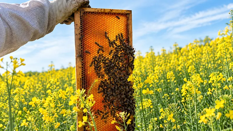 Telaio di favo con api sollevato in un campo fiorito, apicoltura Filodape in Friuli