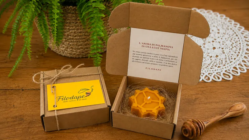 Kit regalo Filodape: scatola in cartone con spago, cartellino giallo e candela in cera d'api