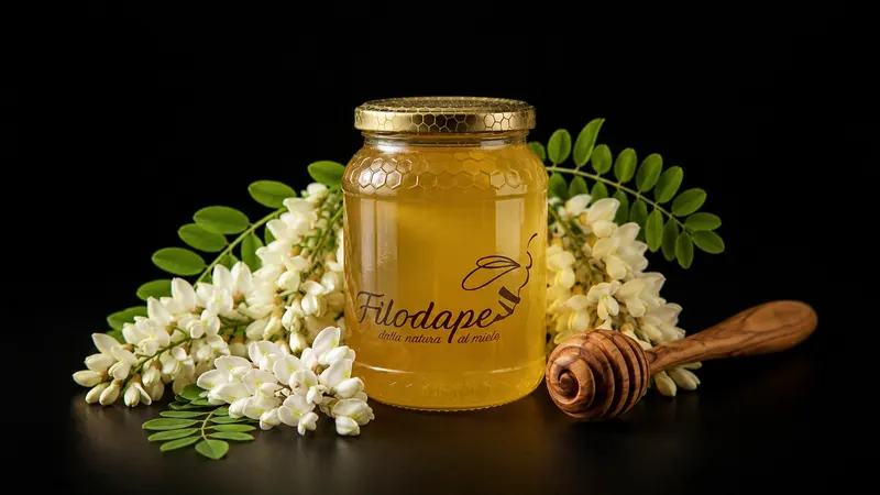 Vasetto di miele friulano di acacia Filodape con fiori di robinia