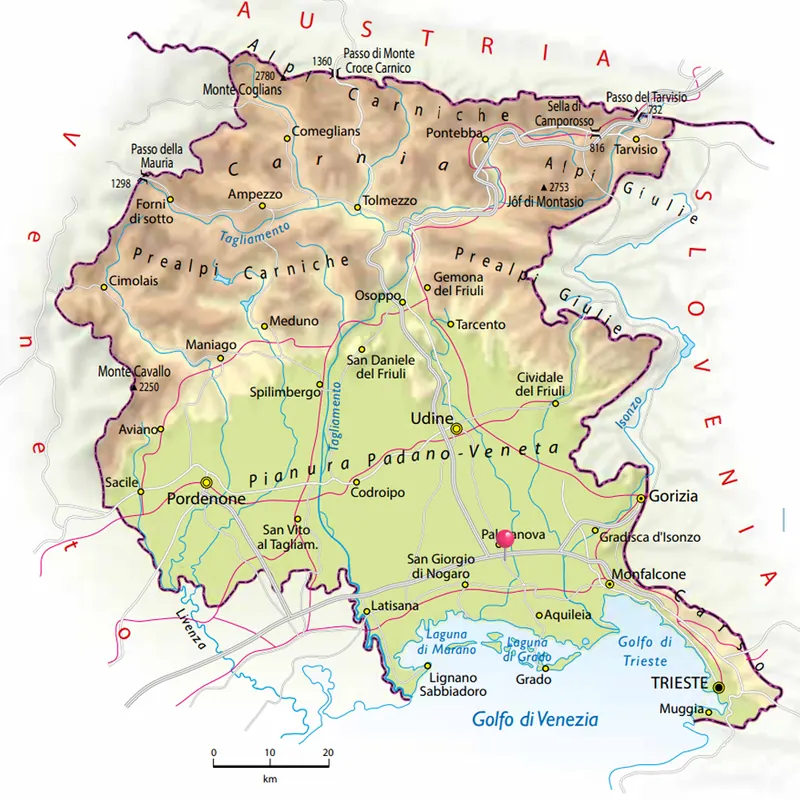 Mappa del Friuli Venezia Giulia con la zona di Bagnaria Arsa, vicino a Palmanova